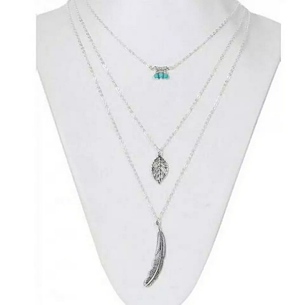 NEW Boho Silver Multilayer‎ Turquoise Leaf Necklace, 16-18”